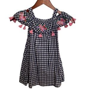 Tommy Bahama Girls 3T Navy/white Gingham Dress w/embroidery and tassels
